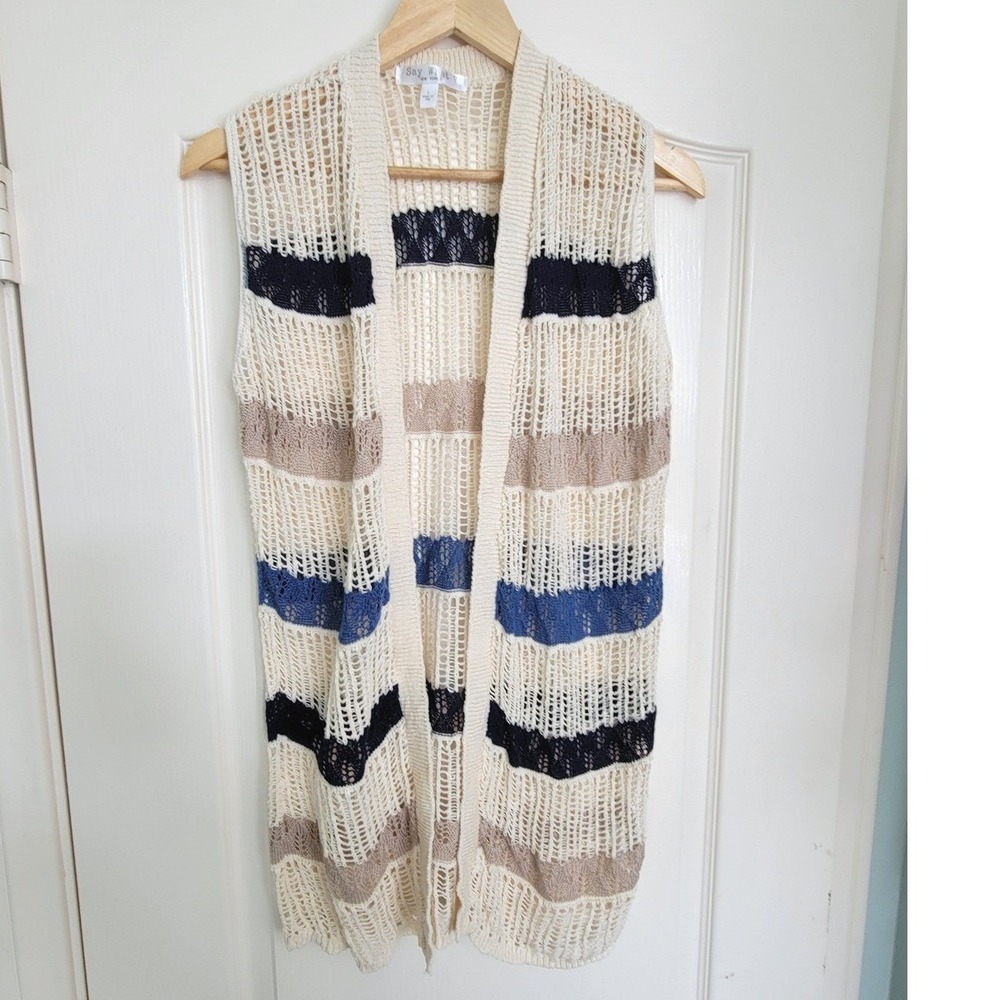 Boho Womens Crochet Knit Striped Open Front Vest Cardigan Blue L Say What NY